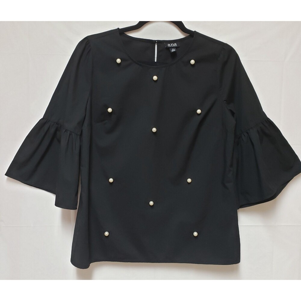 a.n.a Women’s Black Cotton Formal Top White Pearl Accents, Bell Sleeve Sz M NWOT